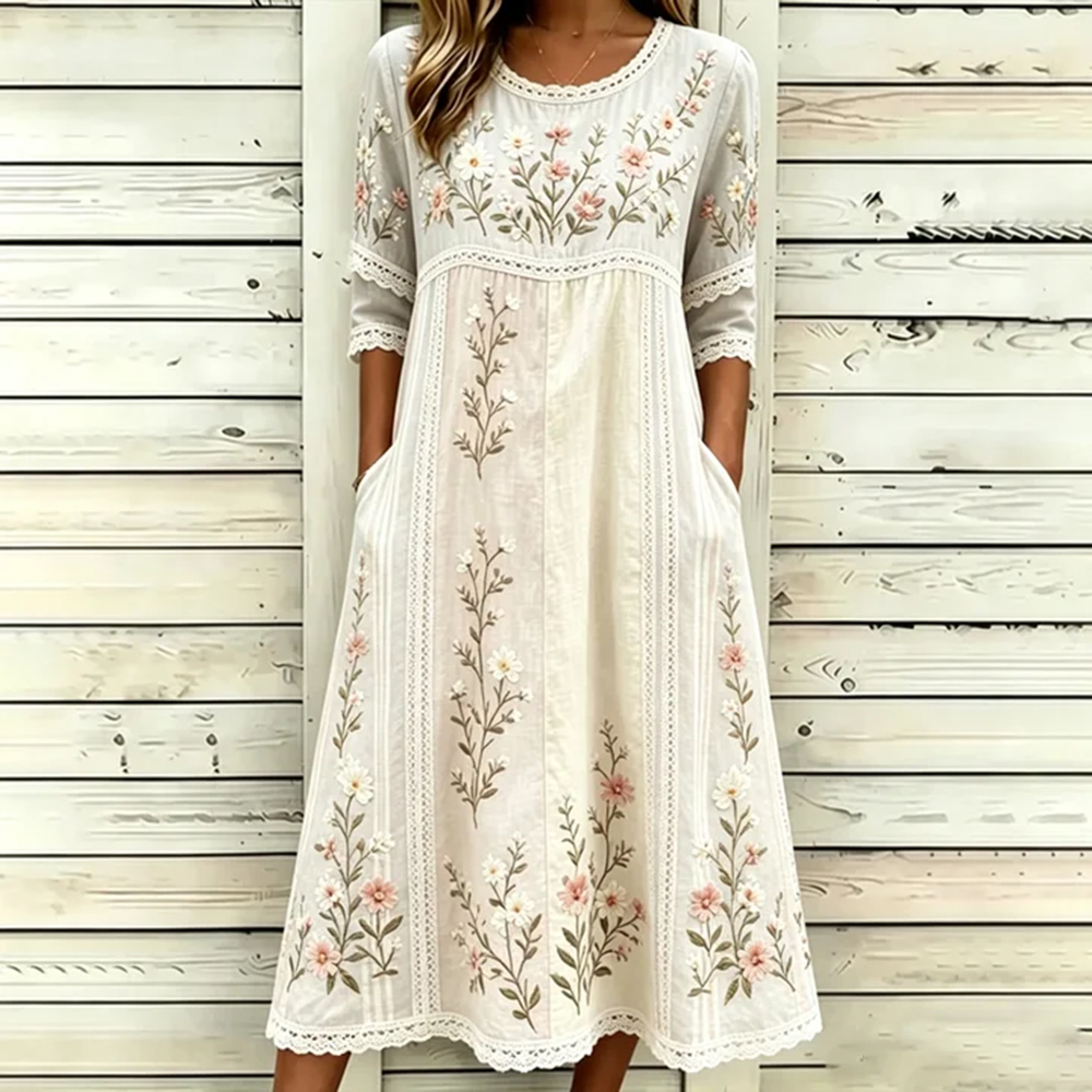 Women's Retro Floral Art Embroidered Patchwork Linen Blend Short Sleeve Dress