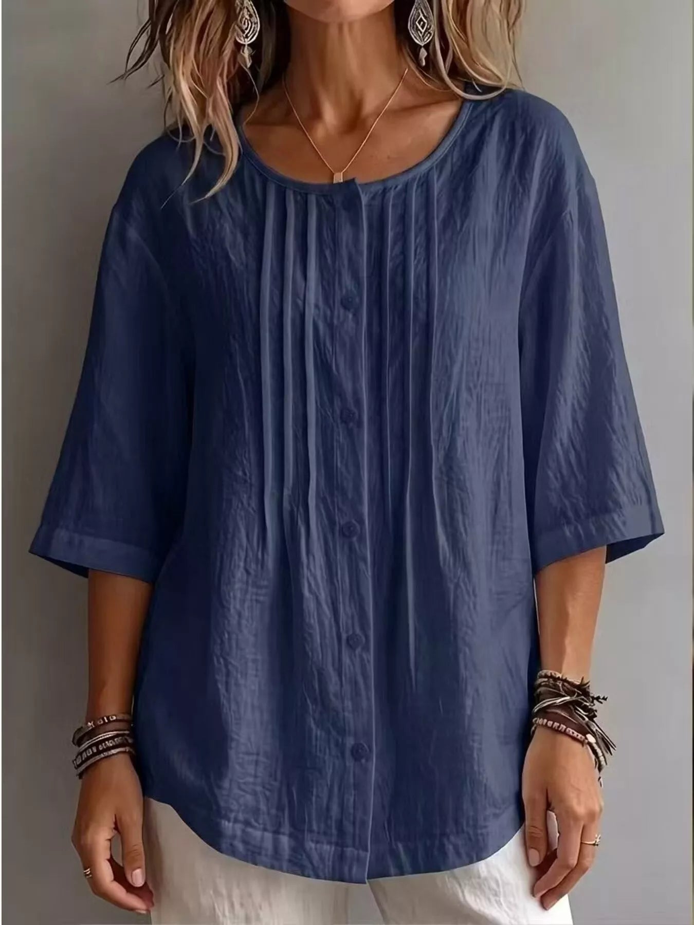 Women's Full Size Cotton Linen Texture Round Neck 3/4 Sleeve Blouse
