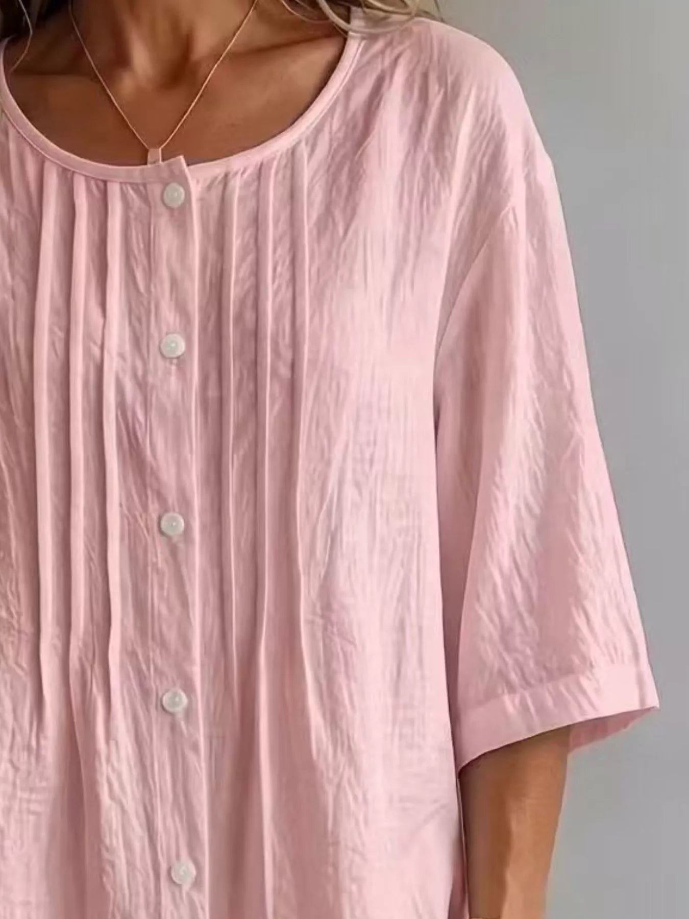 Women's Full Size Cotton Linen Texture Round Neck 3/4 Sleeve Blouse