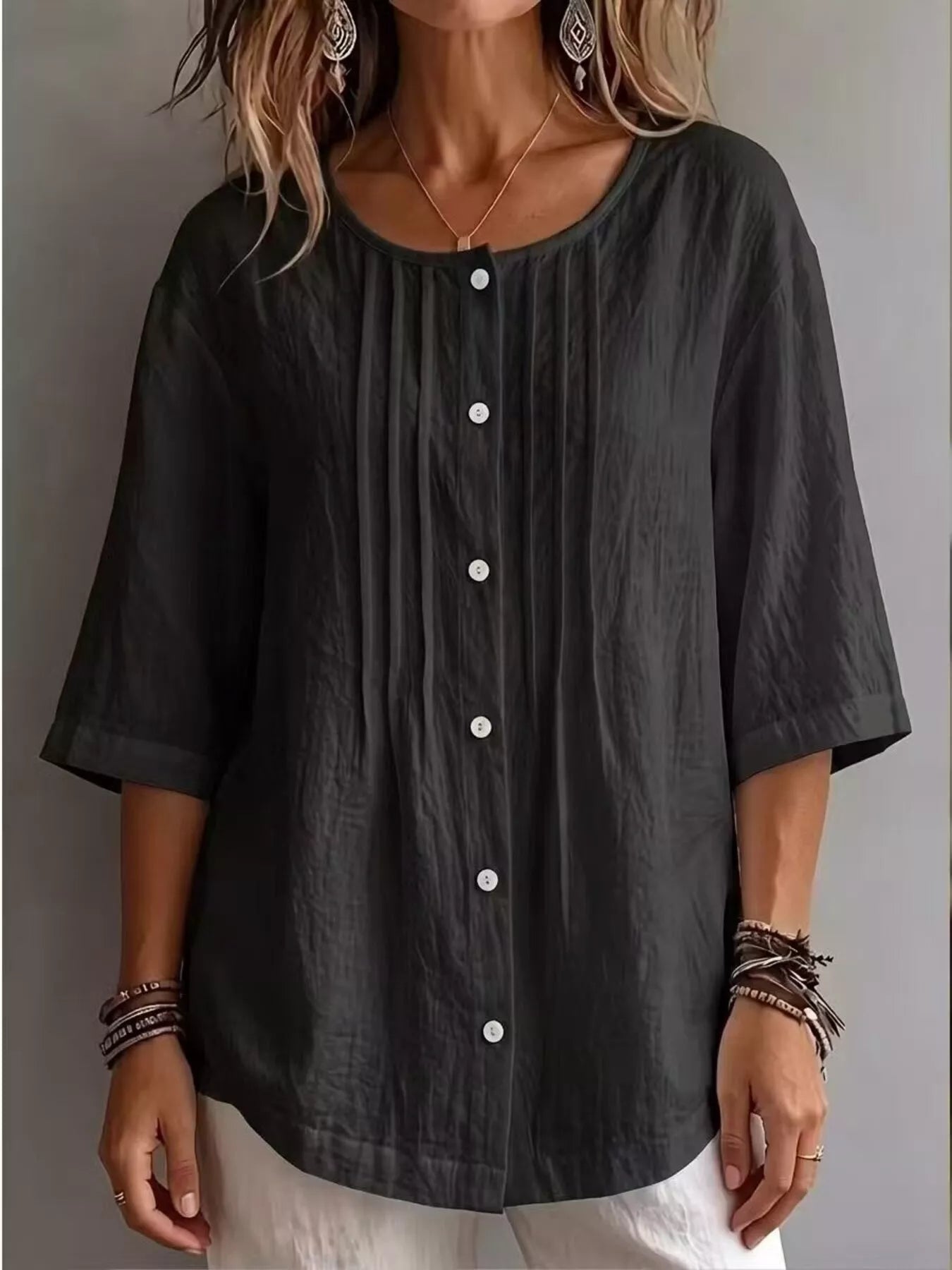 Women's Full Size Cotton Linen Texture Round Neck 3/4 Sleeve Blouse