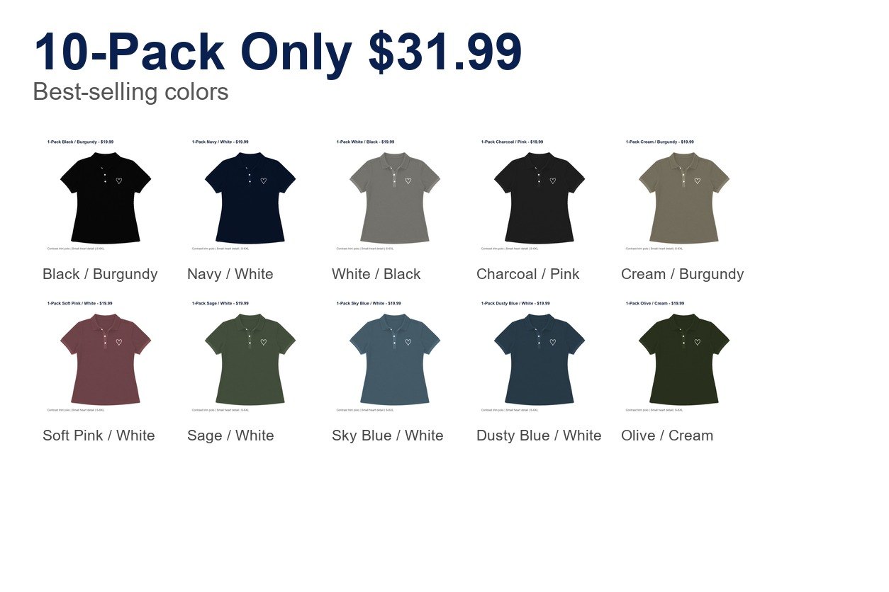 Women's contrast trim heart polo - bundle 10pack