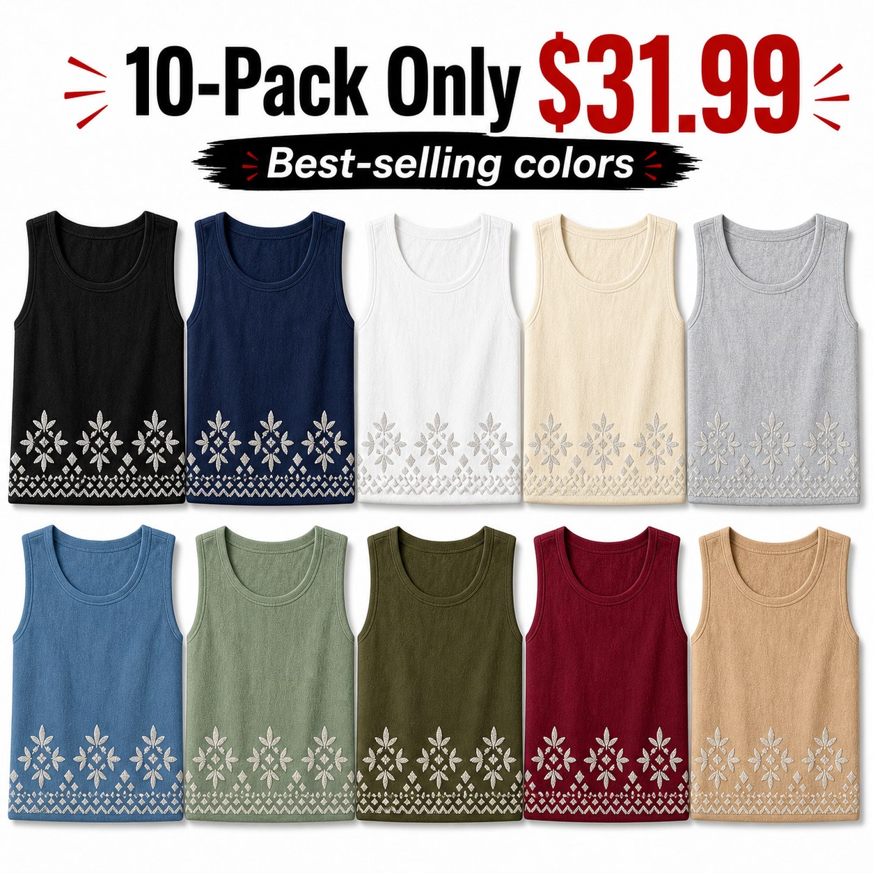 Women's embroidered border sleeveless tank top - bundle 10pack