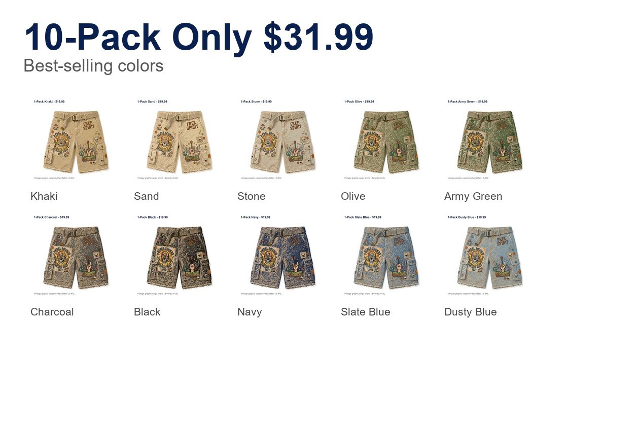 Men's vintage graphic cargo shorts - bundle 10pack