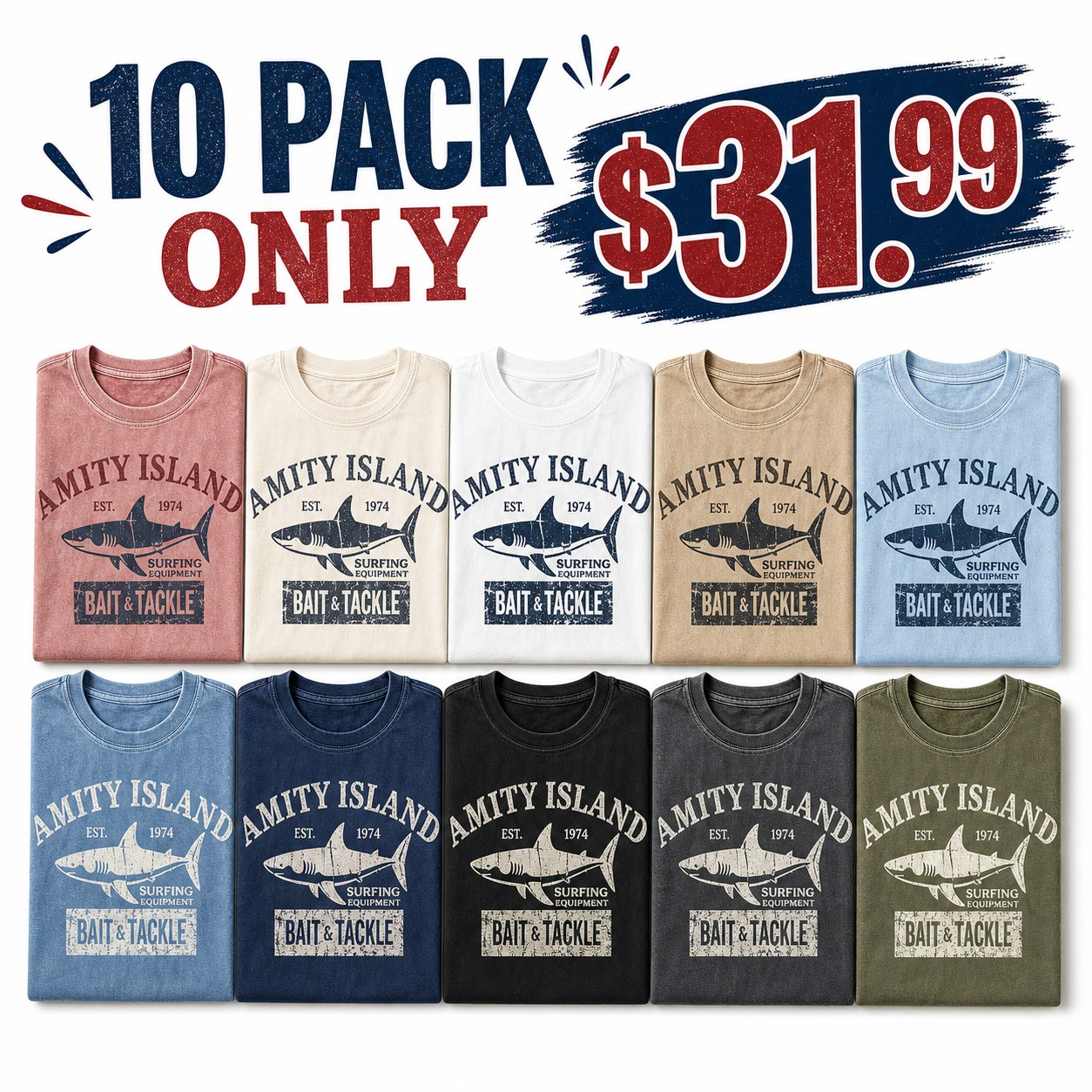 Men's vintage shark bait and tackle graphic tee - bundle 10pack