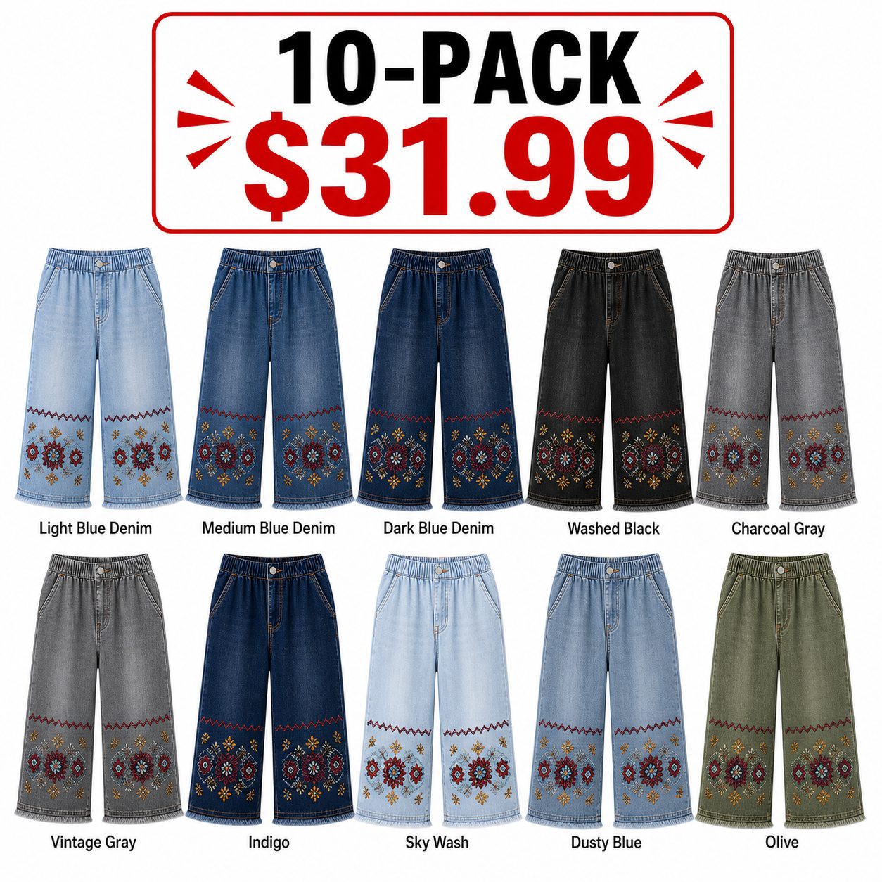 Women's embroidered denim capri pants - bundle 10pack