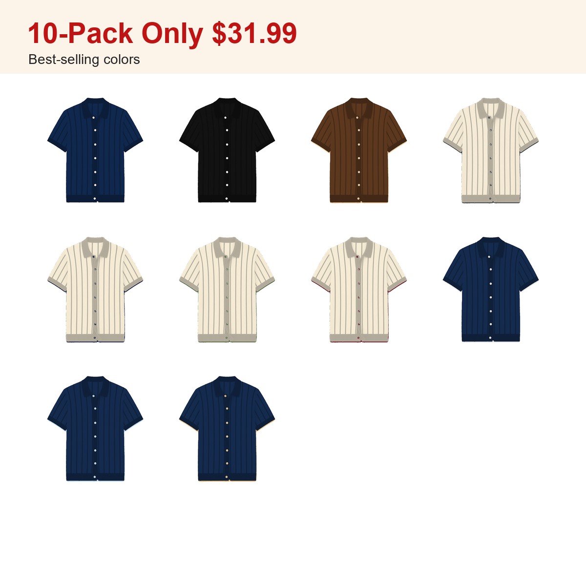 Men's striped knit polo cardigan - bundle 10pack
