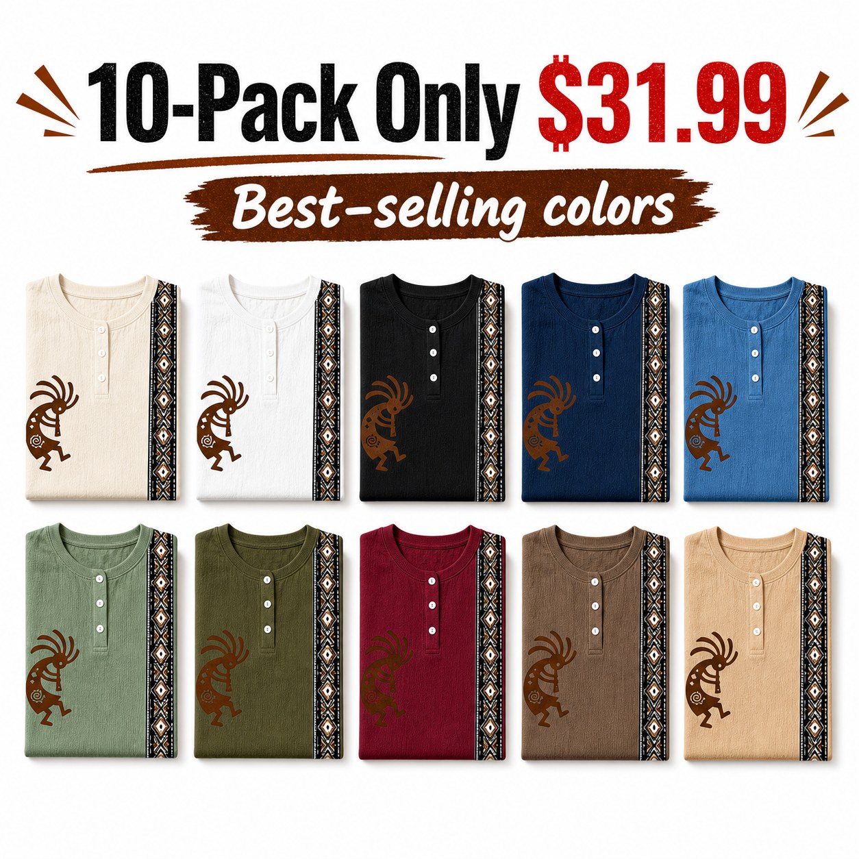 Women's Southwest Kokopelli henley top - bundle 10pack