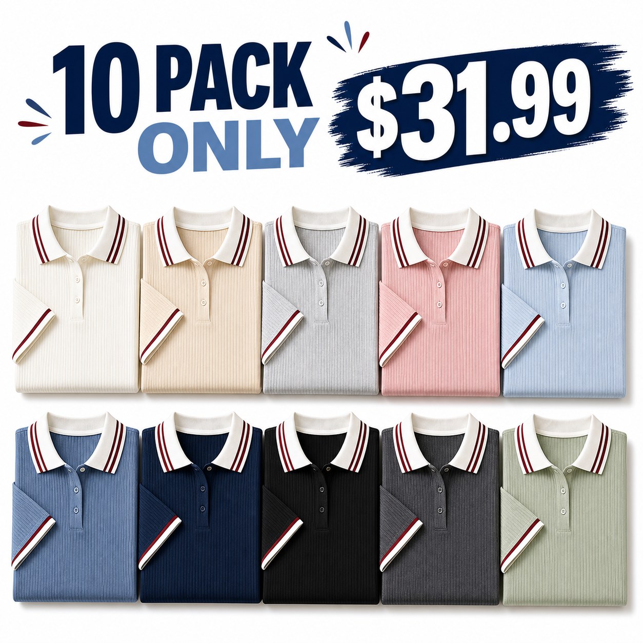 Women's ribbed contrast collar polo tee - bundle 10pack