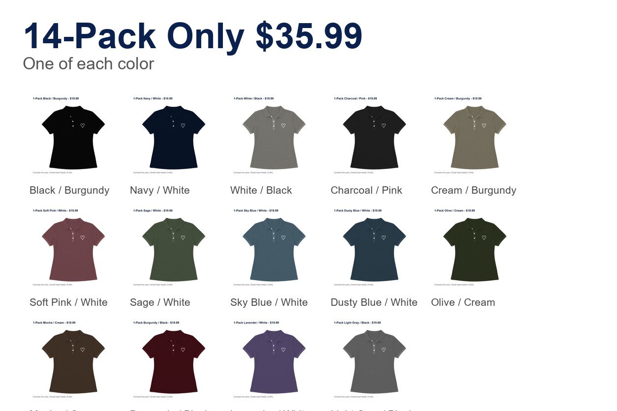 Women's contrast trim heart polo - bundle 14pack