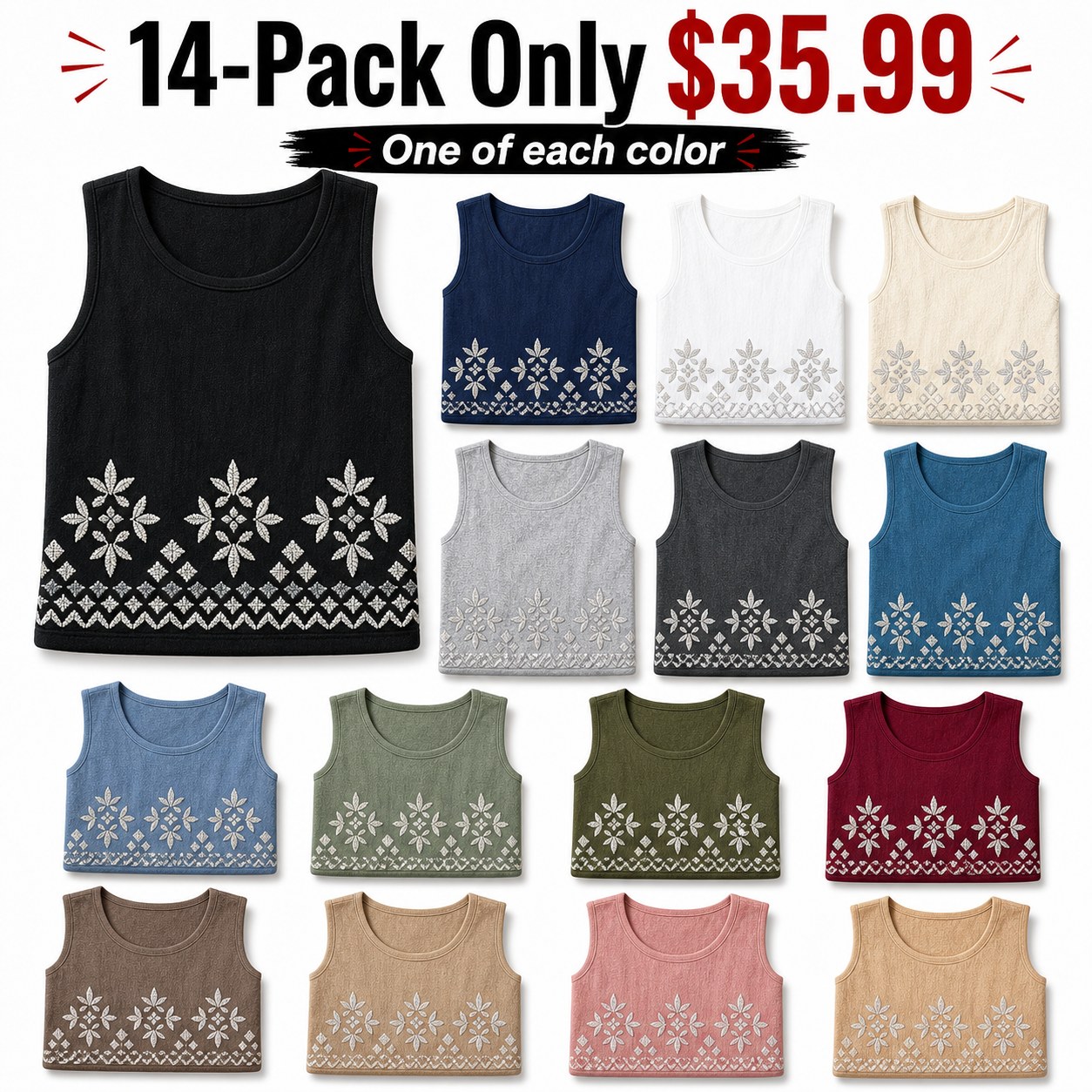 Women's embroidered border sleeveless tank top - bundle 14pack