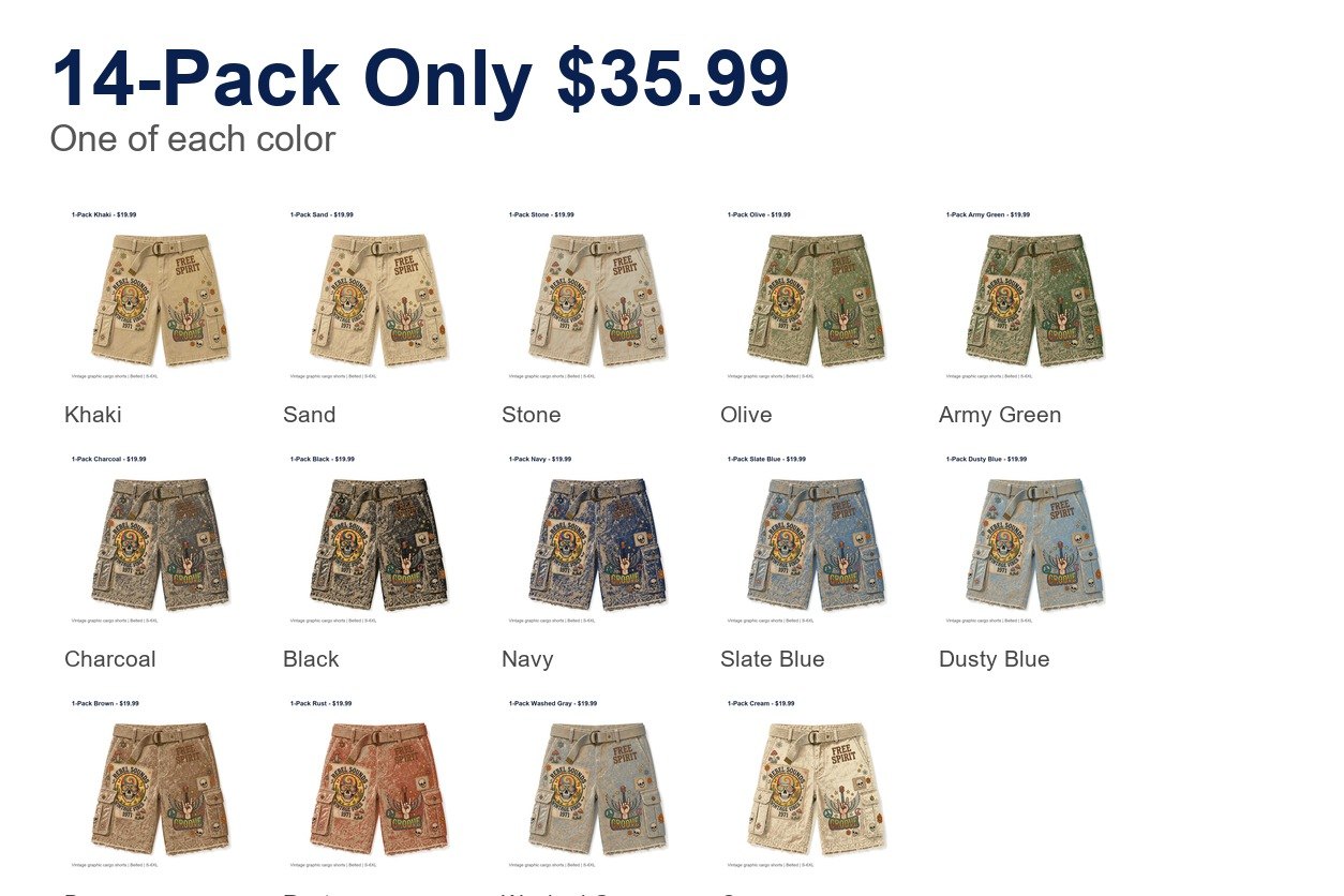 Men's vintage graphic cargo shorts - bundle 14pack