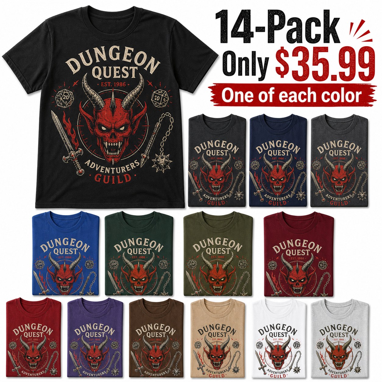 Unisex Dungeon Quest graphic tee - bundle 14pack