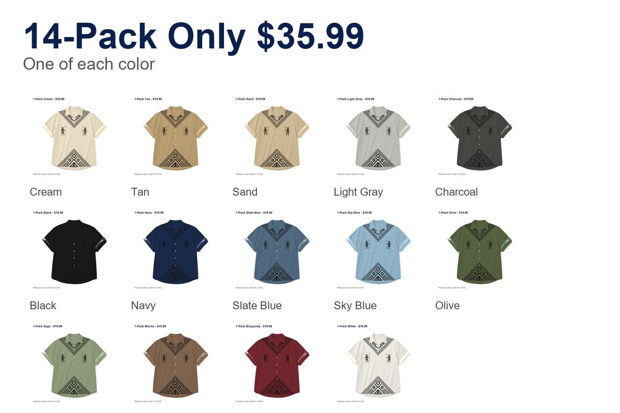 Men's tribal camp collar shirt - bundle 14pack