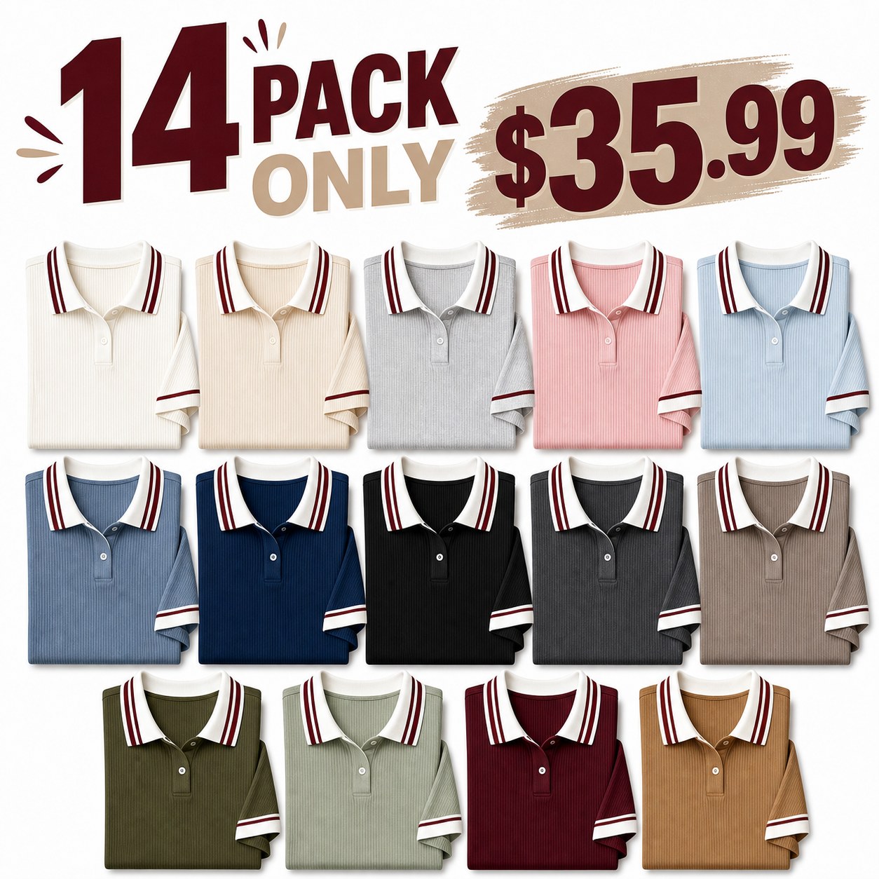 Women's ribbed contrast collar polo tee - bundle 14pack