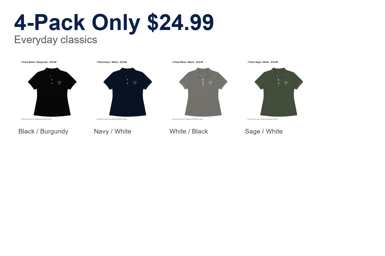 Women's contrast trim heart polo - bundle 4pack