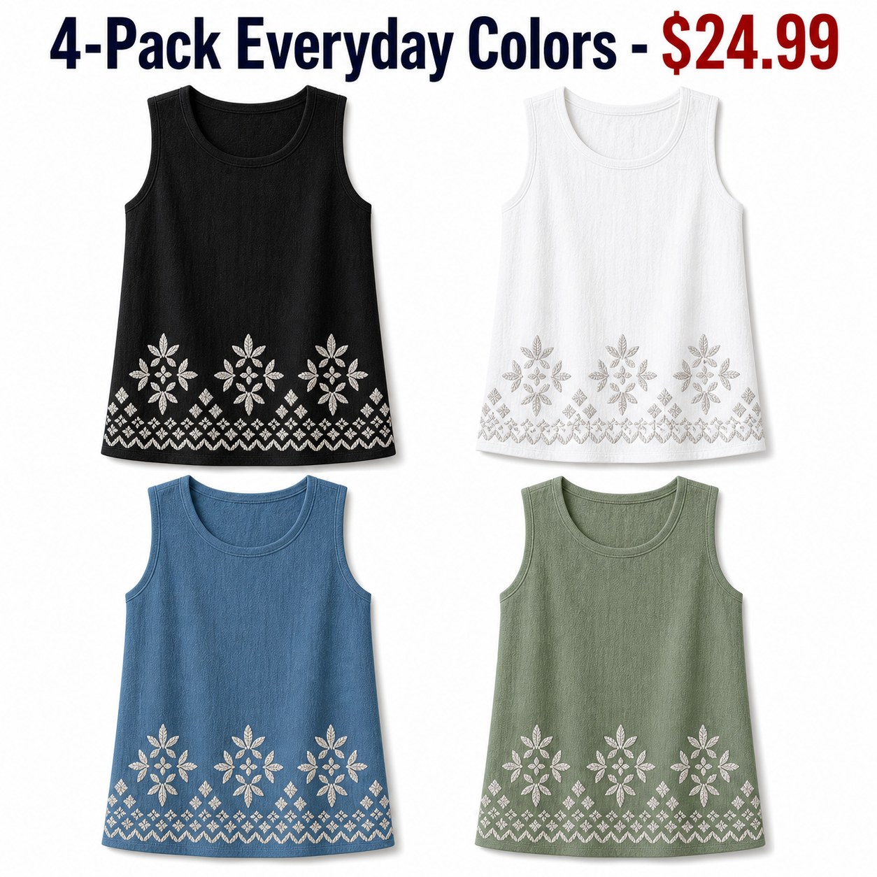 Women's embroidered border sleeveless tank top - bundle 4pack