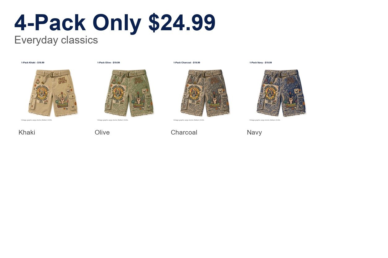 Men's vintage graphic cargo shorts - bundle 4pack