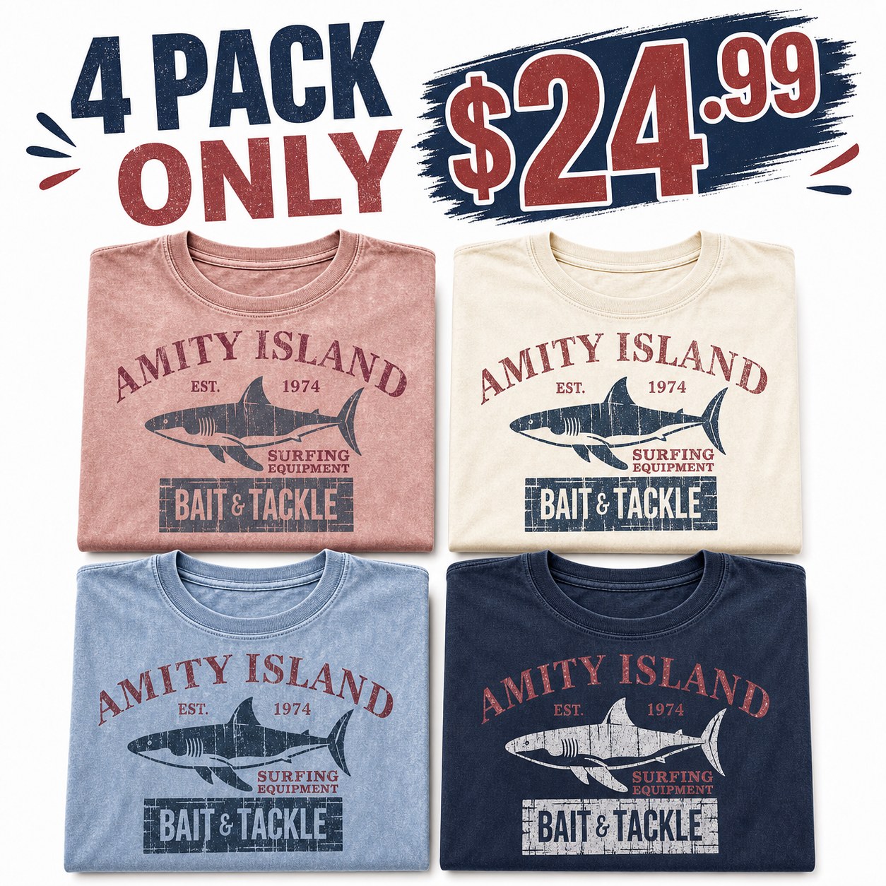 Men's vintage shark bait and tackle graphic tee - bundle 4pack
