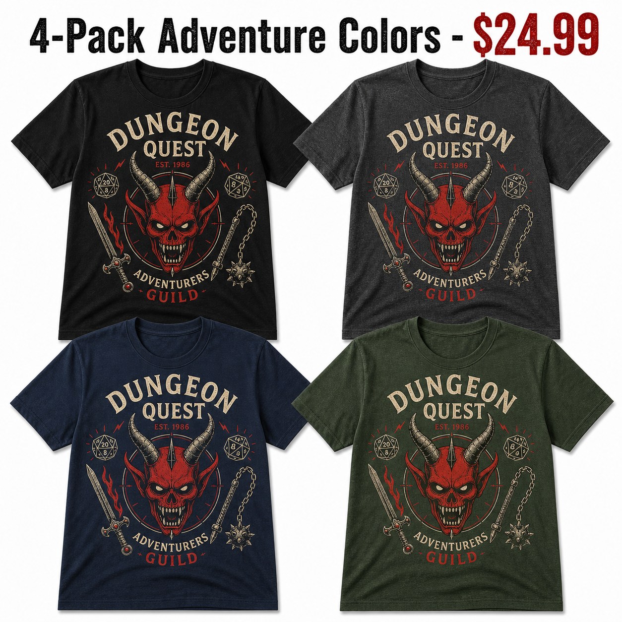 Unisex Dungeon Quest graphic tee - bundle 4pack