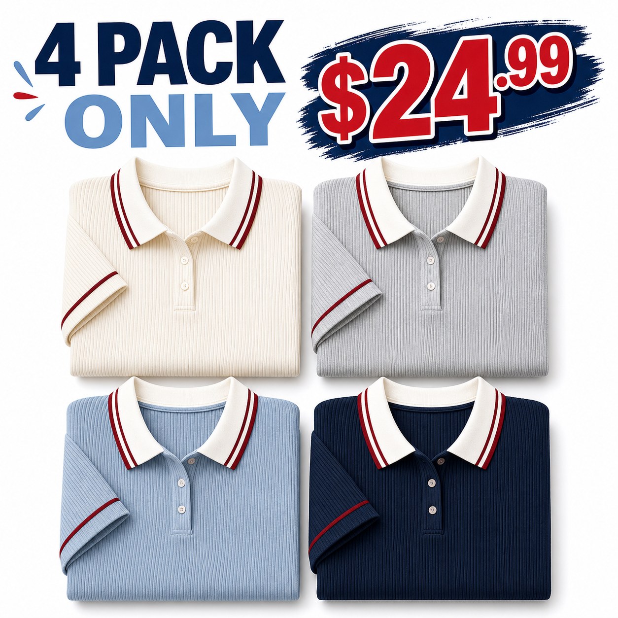 Women's ribbed contrast collar polo tee - bundle 4pack