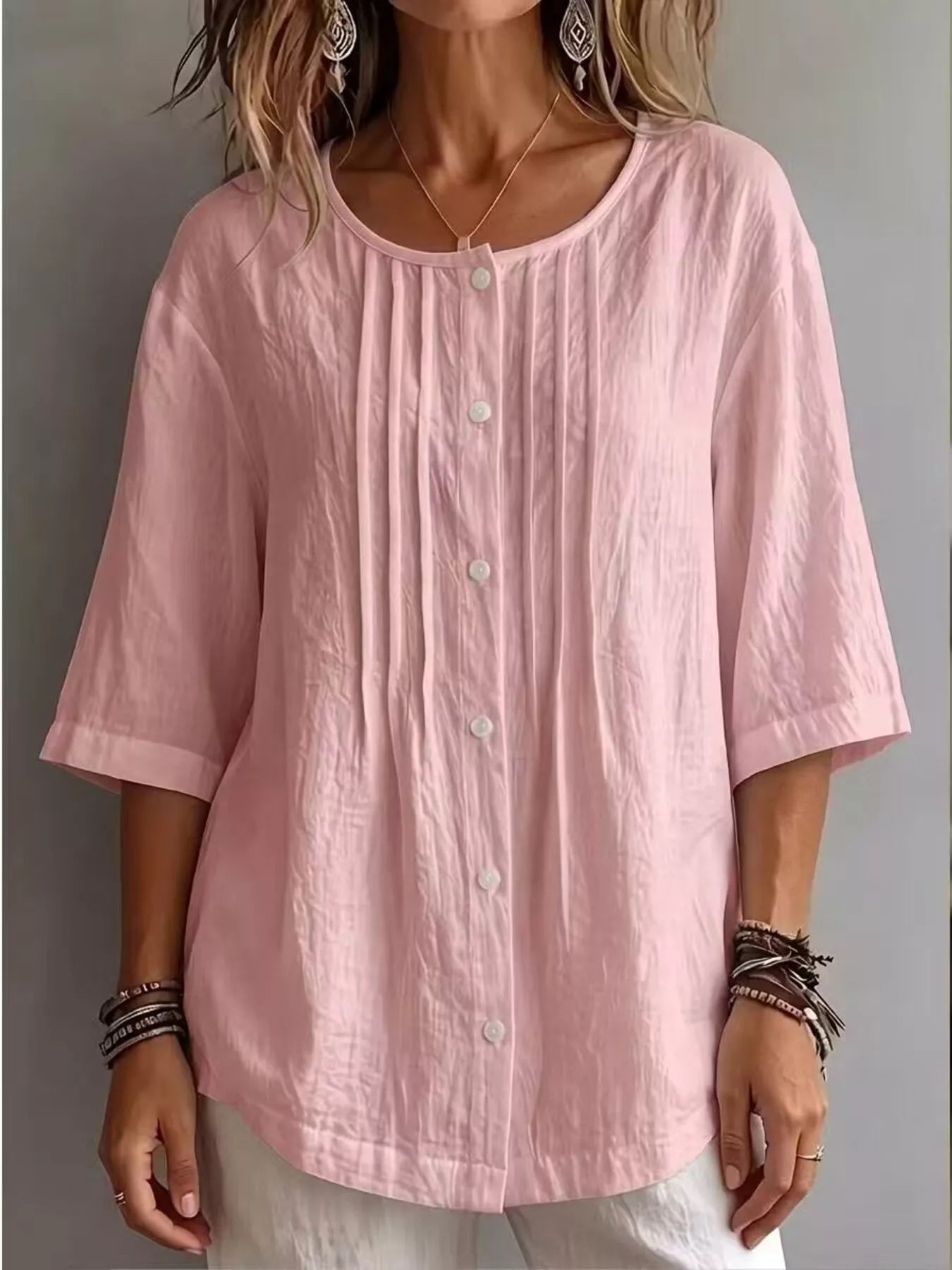 Women's Full Size Cotton Linen Texture Round Neck 3/4 Sleeve Blouse