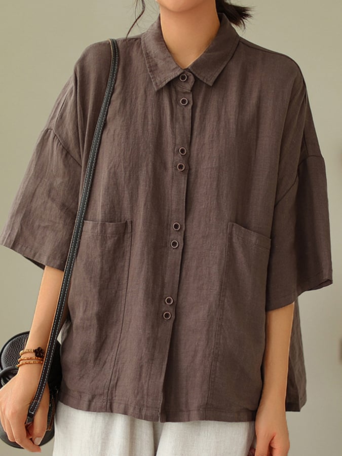 Women's Retro Lapel Solid Color Casual Cotton And Linen Shirt