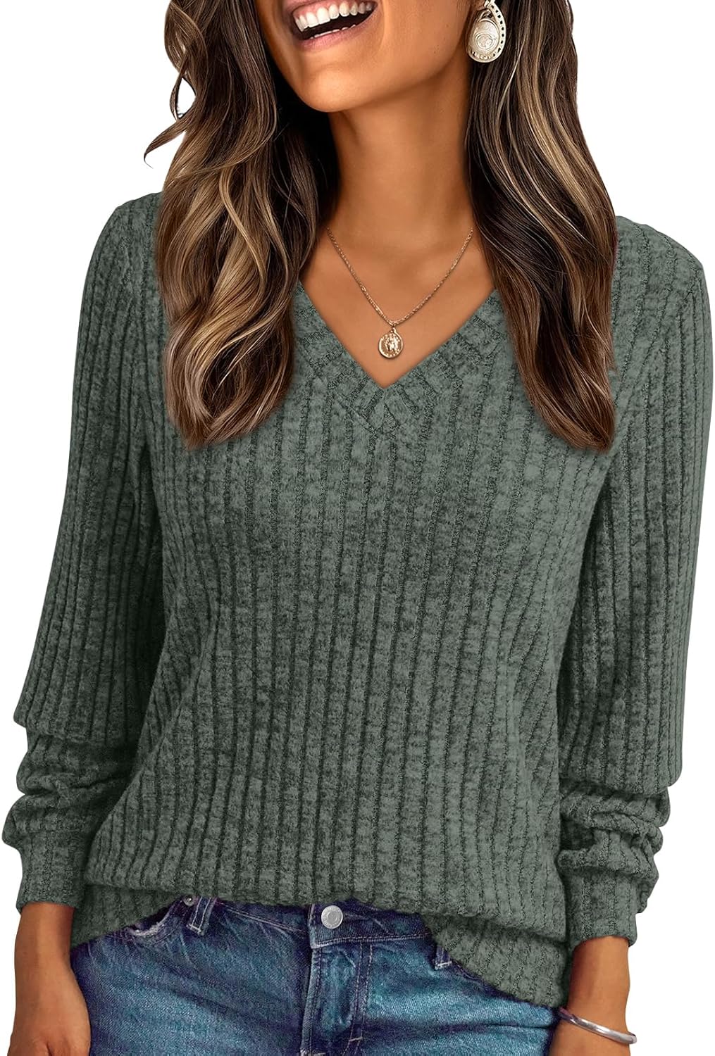 🔥Trendy Women’s V Neck Long Sleeve Tunic Sweater Fall 