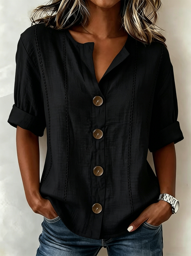Stand Collar Linen Blend Casual Shirt