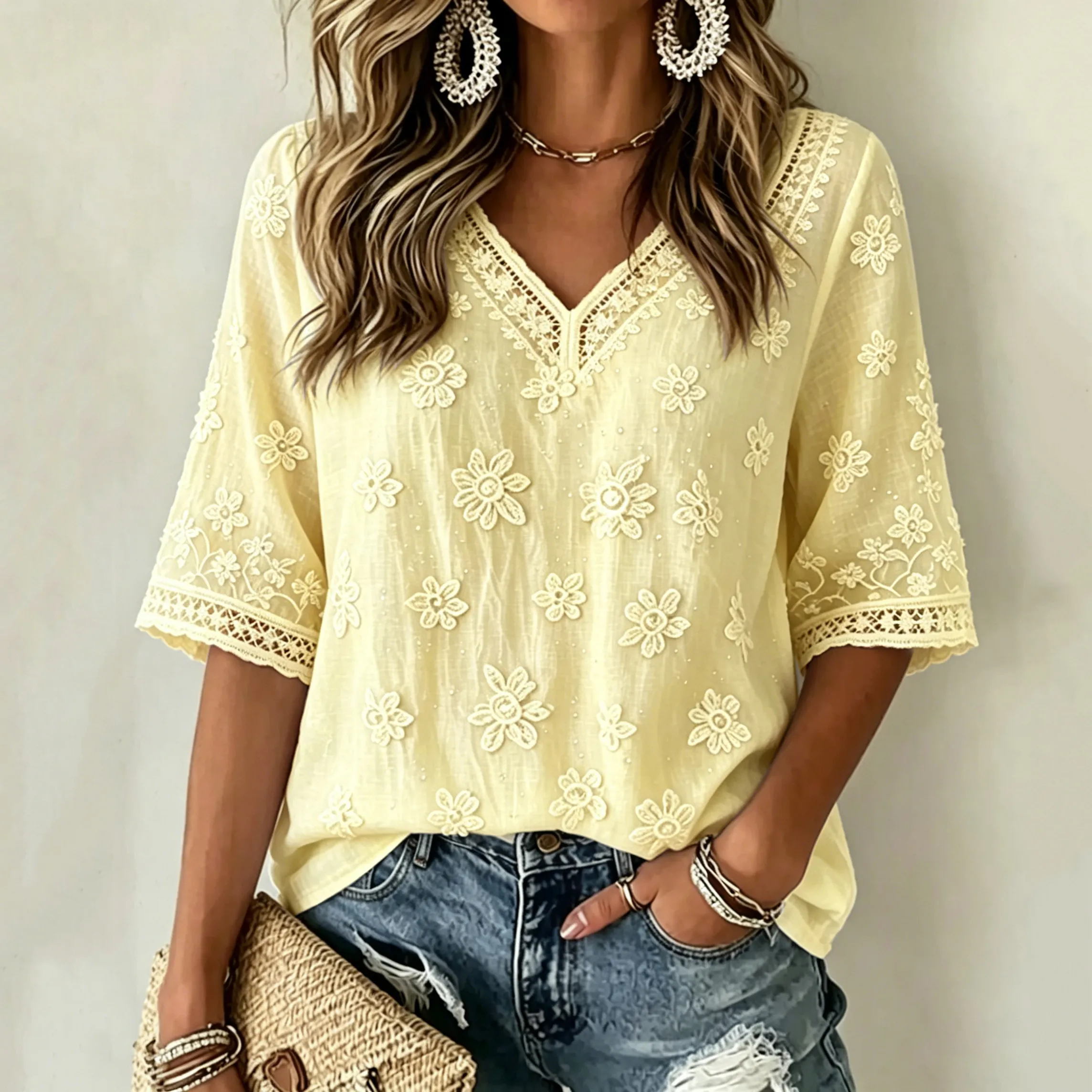 Women's White Rose Art Embroidered Art Flowy Linen Blend Three Quarter Sleeves T-shirt