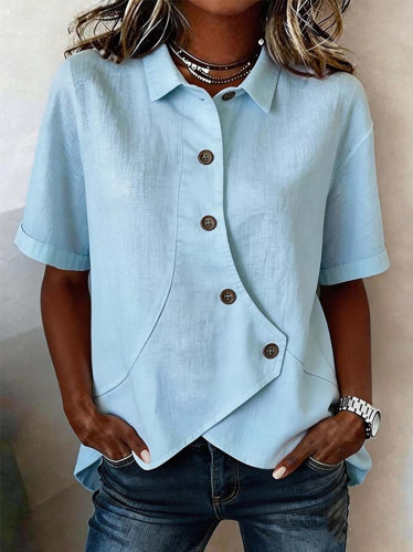 Women’s White Cotton Linen Asymmetric Button Front Short Sleeve Casual Shirt