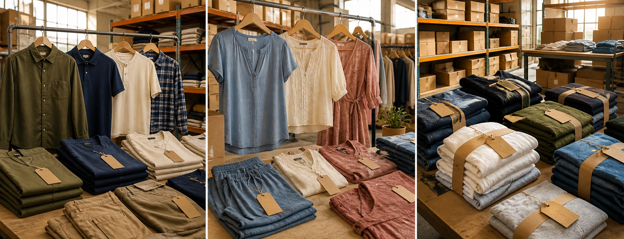 Men's clearance apparel in a warehouse setting