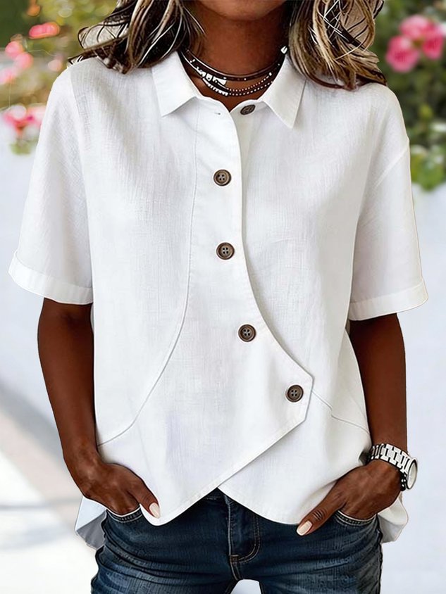 Women’s White Cotton Linen Asymmetric Button Front Short Sleeve Casual Shirt