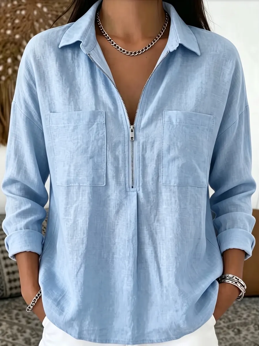 New Arrival🔥 Women's Casual Long-Sleeve Linen-Blend Shirt with Dual Pockets