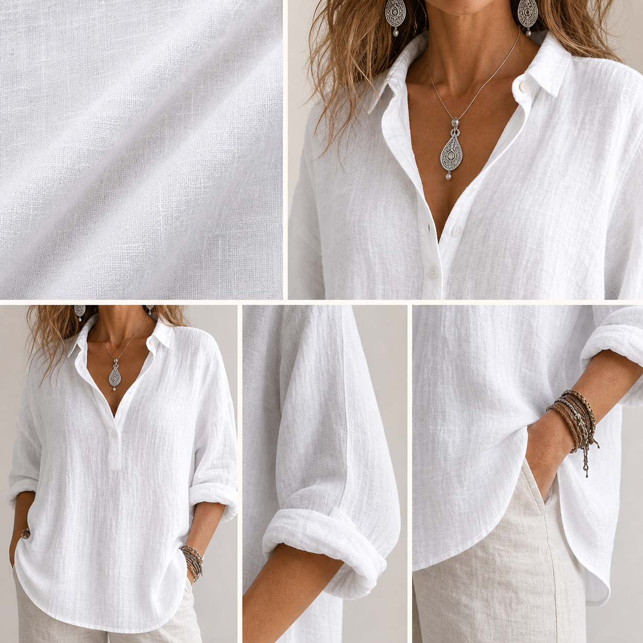 Linen texture collar placket roll sleeve detail collage