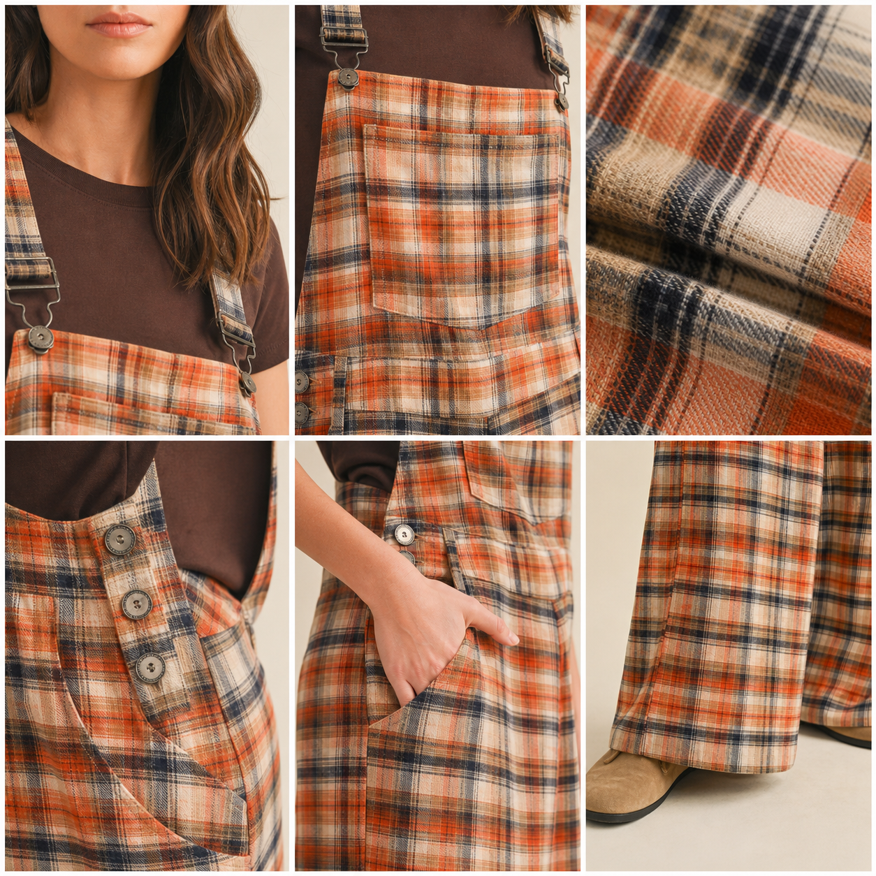 Plaid overall jumpsuit strap pocket fabric detail collage