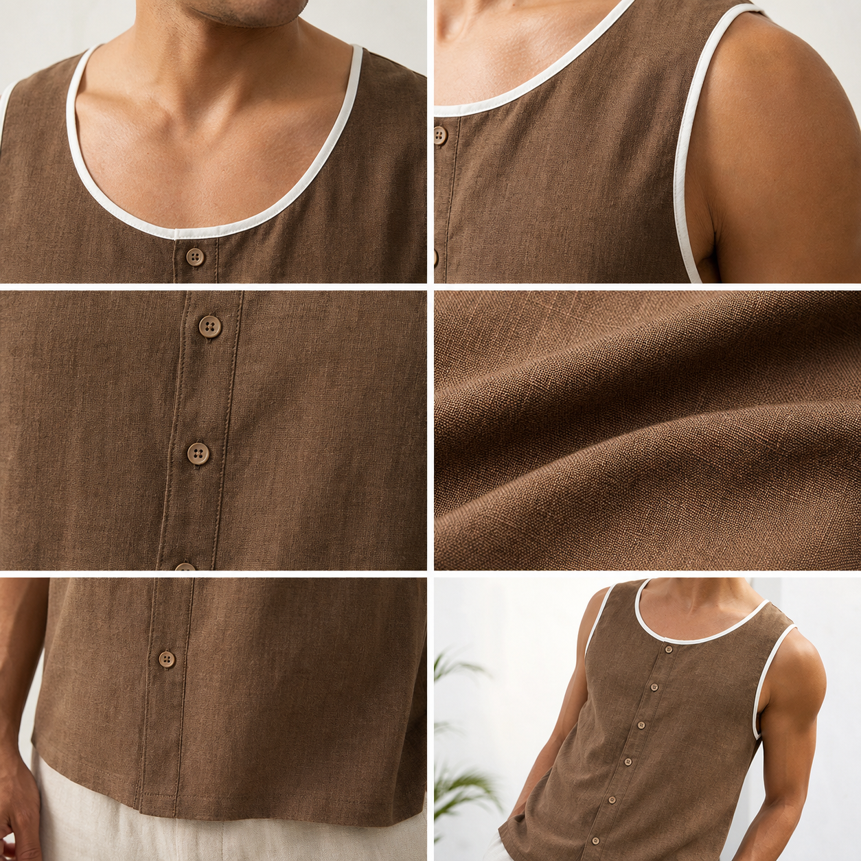 Men's sleeveless button tank top fabric and trim details