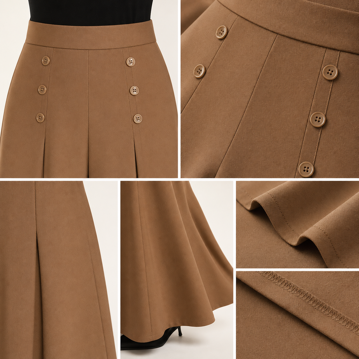 Women's palazzo pants waist button pleat fabric detail collage