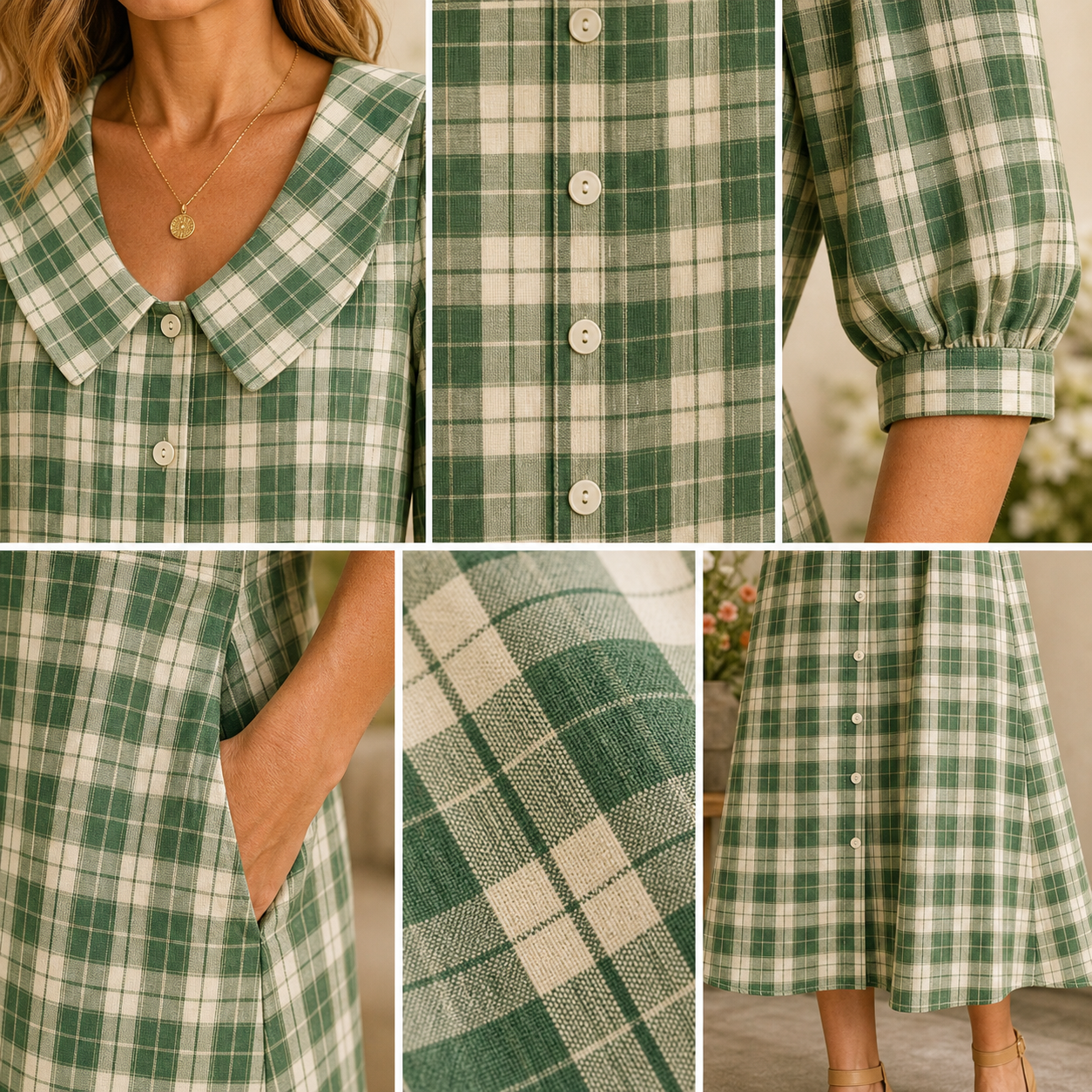Plaid dress collar buttons pocket fabric detail collage