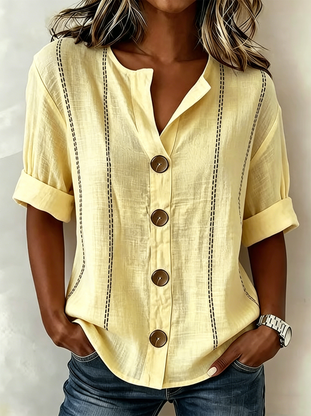 Stand Collar Linen Blend Casual Shirt