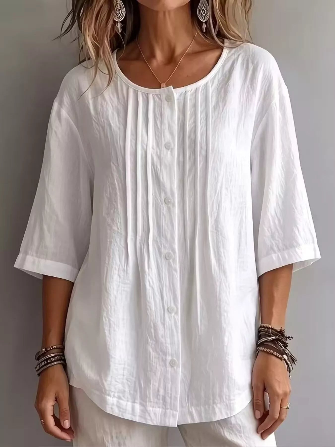 Women's Full Size Cotton Linen Texture Round Neck 3/4 Sleeve Blouse