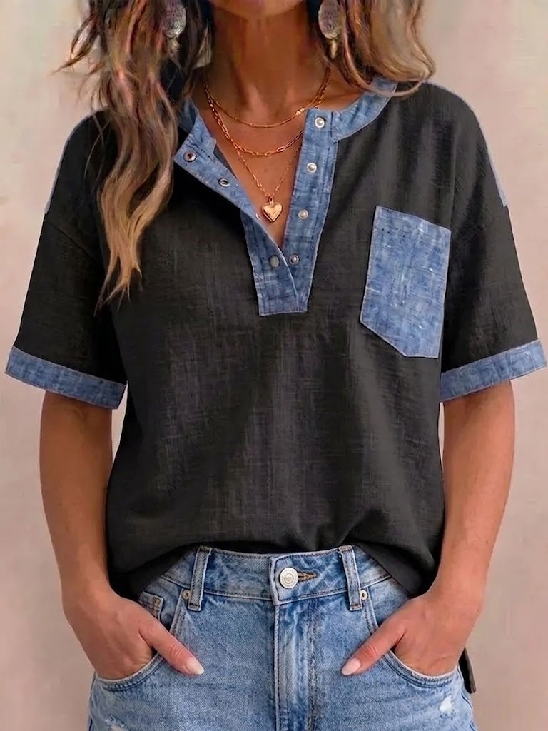 Women's V-neck Short Sleeve Casual Loose Patchwork Top