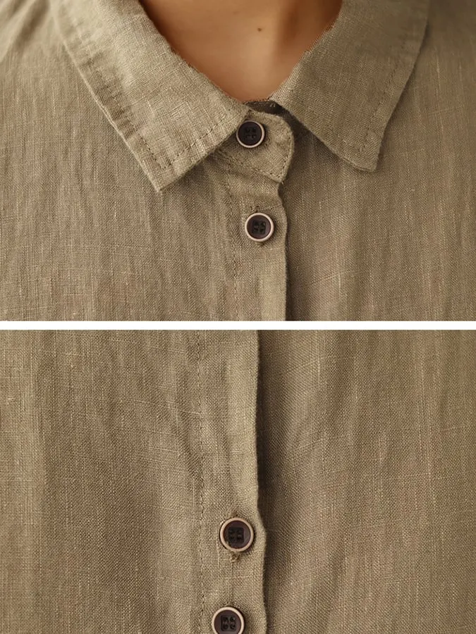 Women's Retro Lapel Solid Color Casual Cotton And Linen Shirt