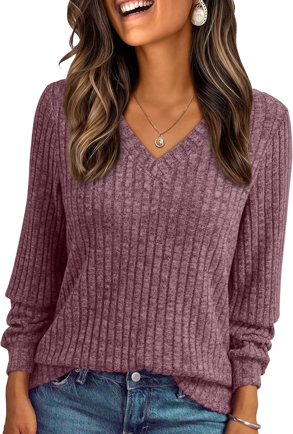 🔥Trendy Women’s V Neck Long Sleeve Tunic Sweater Fall 