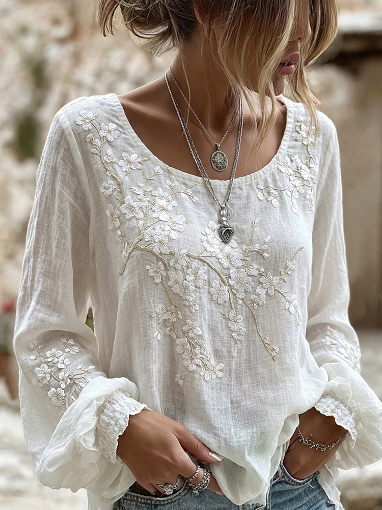 Women's Sakura Print Crew Neck Linen Blend T-shirt