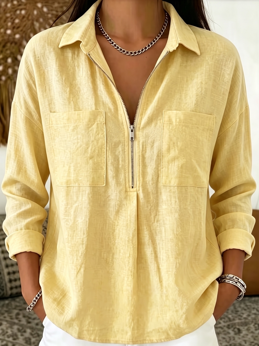 New Arrival🔥 Women's Casual Long-Sleeve Linen-Blend Shirt with Dual Pockets