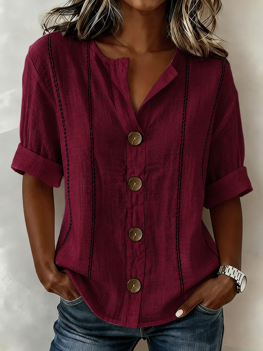 Stand Collar Linen Blend Casual Shirt