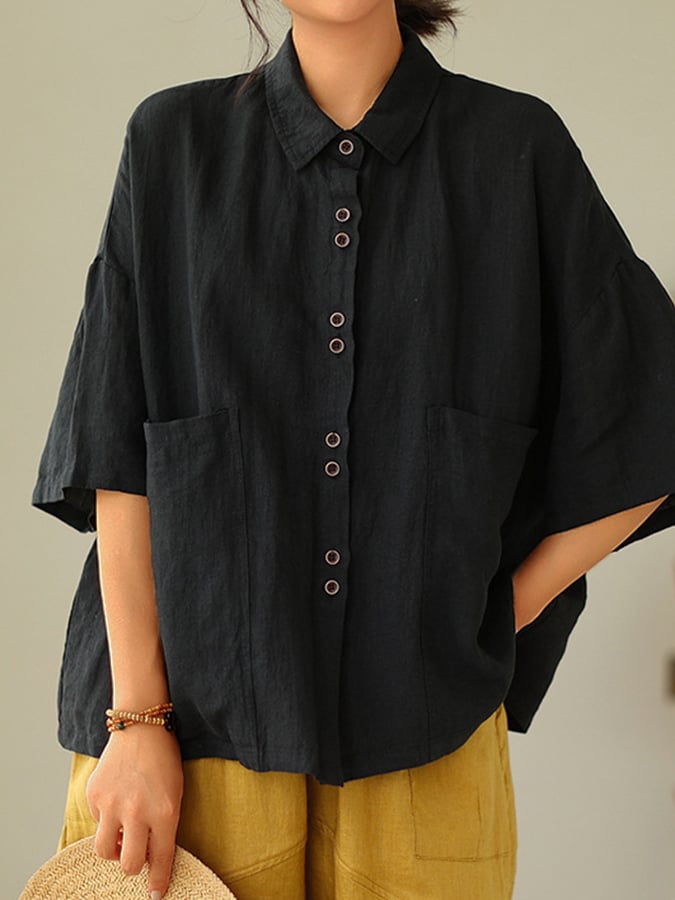 Women's Retro Lapel Solid Color Casual Cotton And Linen Shirt