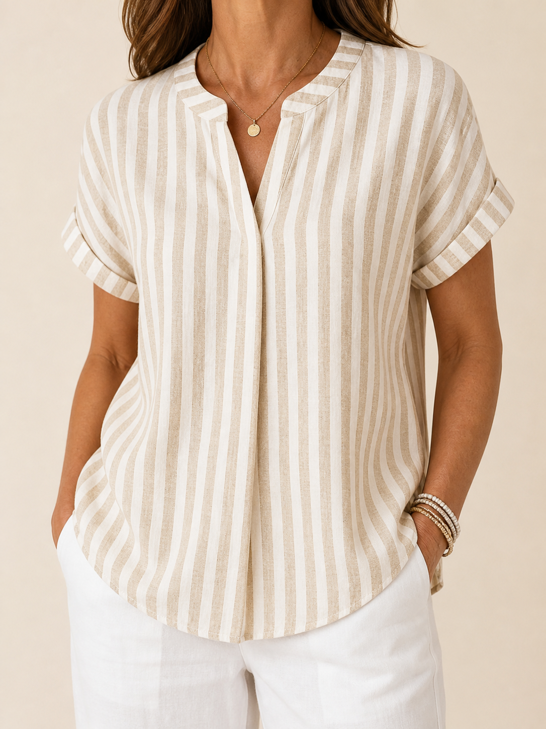 🔥CLEARANCE SALE🔥 Striped V-Neck Short Sleeve Blouse - Beige