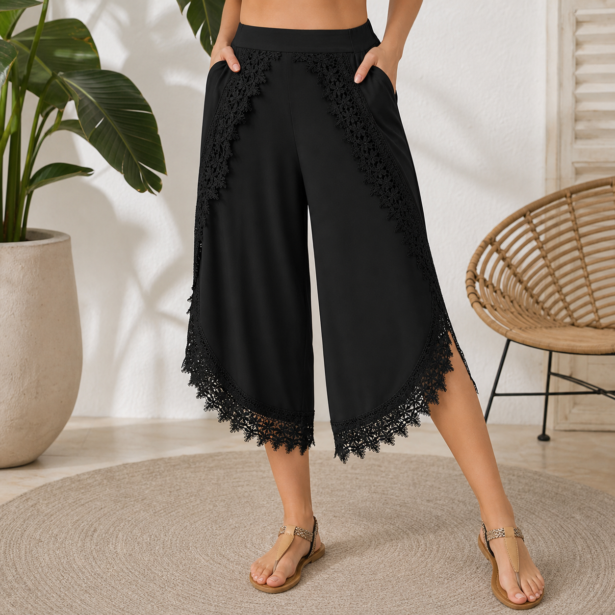 🔥CLEARANCE SALE🔥 Lace-Trim Wide-Leg Capri Pants - Black