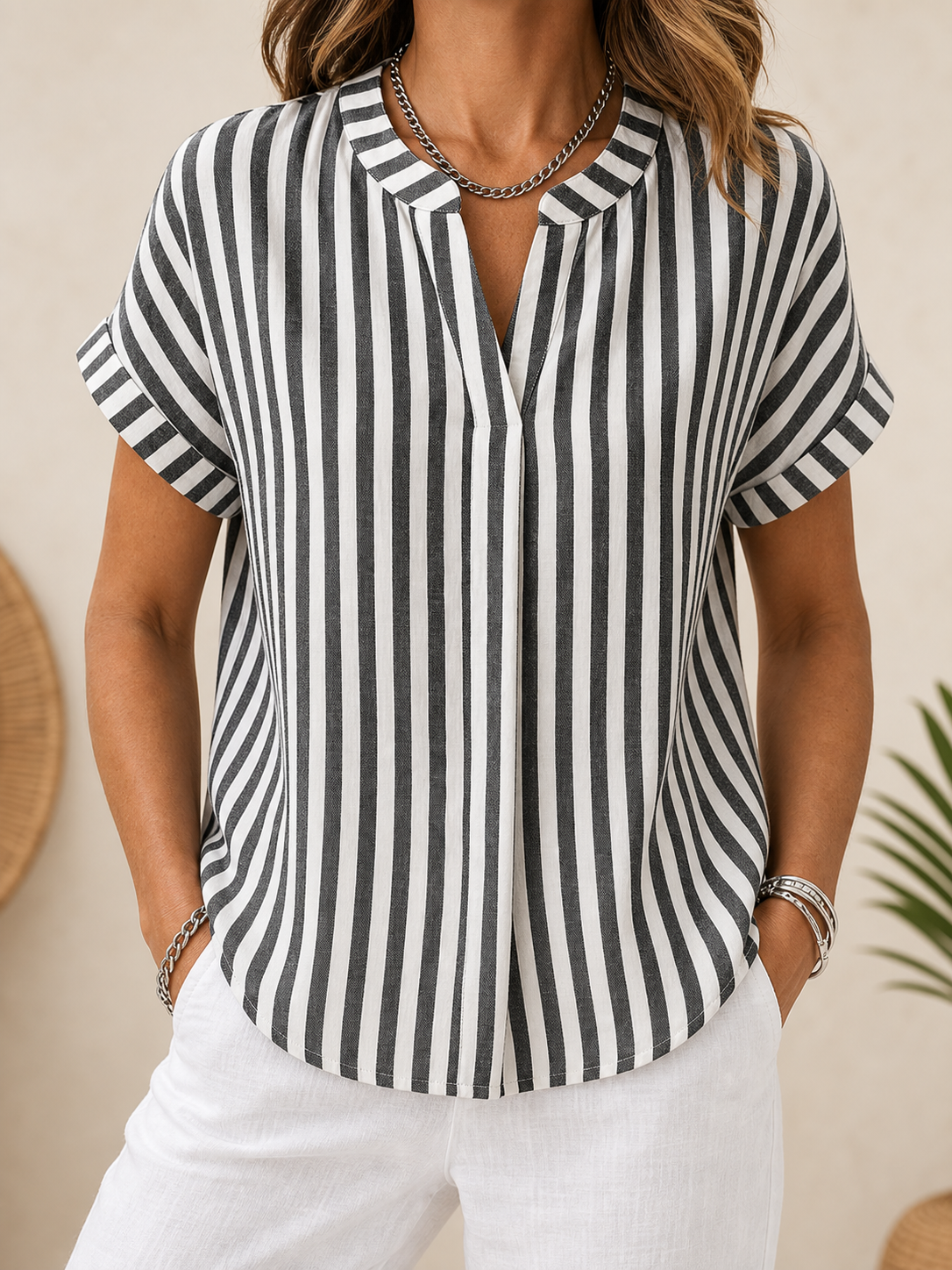 🔥CLEARANCE SALE🔥 Striped V-Neck Short Sleeve Blouse - Black